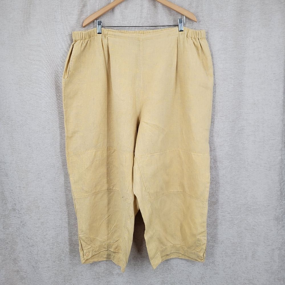 FLAX Linen Capri Pants Yellow Cuffed Wide Leg Floods Lagenlook High Rise